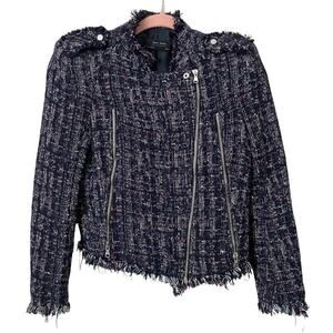 Zara Jacket Womens Small Blue Moto Tweed Knit Asymmetrical Zip Biker Preppy